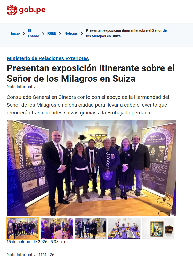 Presentan exposición itinerante sobre el Señor de los Milagros en Suiza Ministerio de Relaciones Exteriores de Perú<BR>15.10.2026